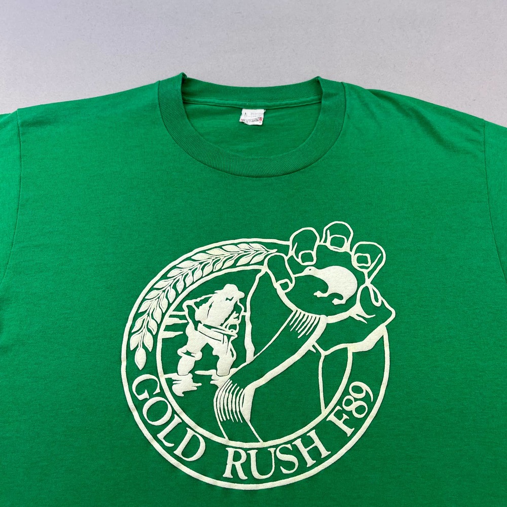 Vintage 1989 Gold Rush Miner Forty Niners T-Shirt Adult Medium Green Made in USA